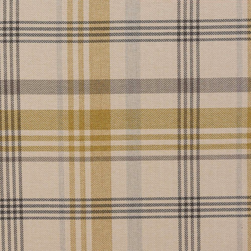 Ochre and taupe checked woven fabric with charcoal stripes and herringbone texture