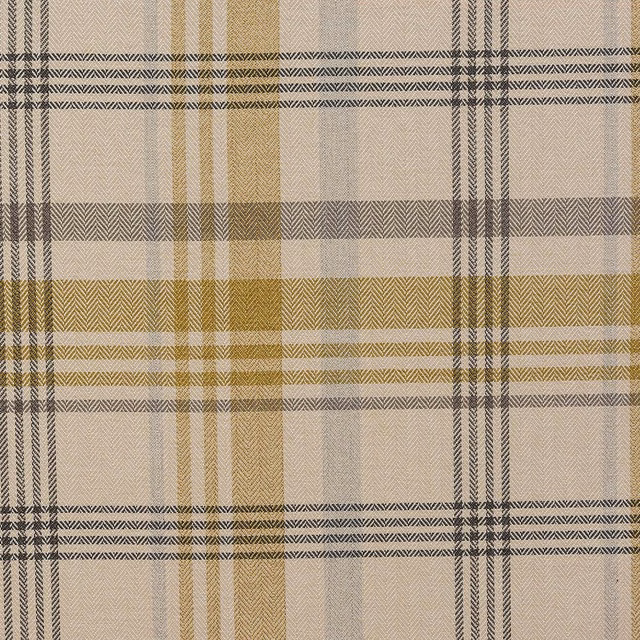 Ochre and taupe checked woven fabric with charcoal stripes and herringbone texture