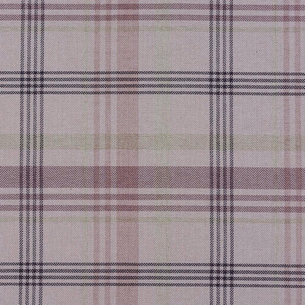 Dusty pink plaid fabric swatch with charcoal checks and fine herringbone weave