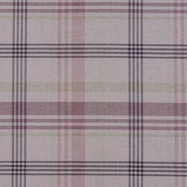Dusty pink plaid fabric swatch with charcoal checks and fine herringbone weave