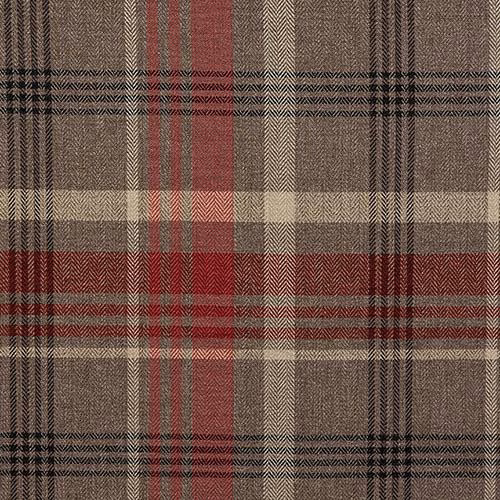 Muted red and beige tartan check fabric with fine woven texture