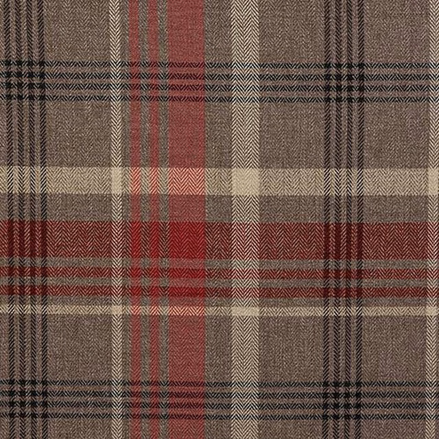 Muted red and beige tartan check fabric with fine woven texture