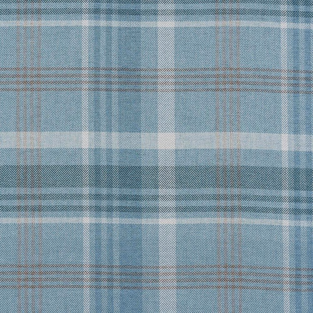 Seafoam blue checked fabric with fine woven texture and taupe striping