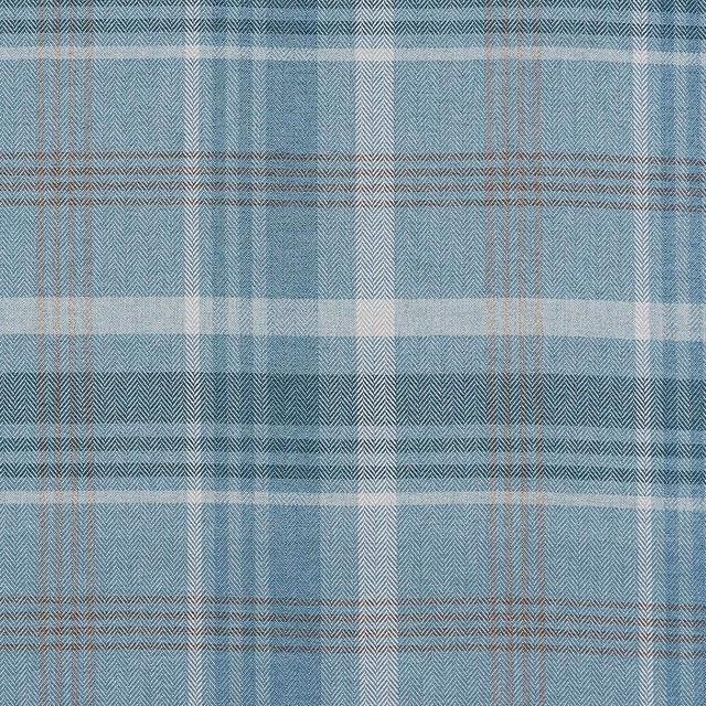 Seafoam blue checked fabric with fine woven texture and taupe striping