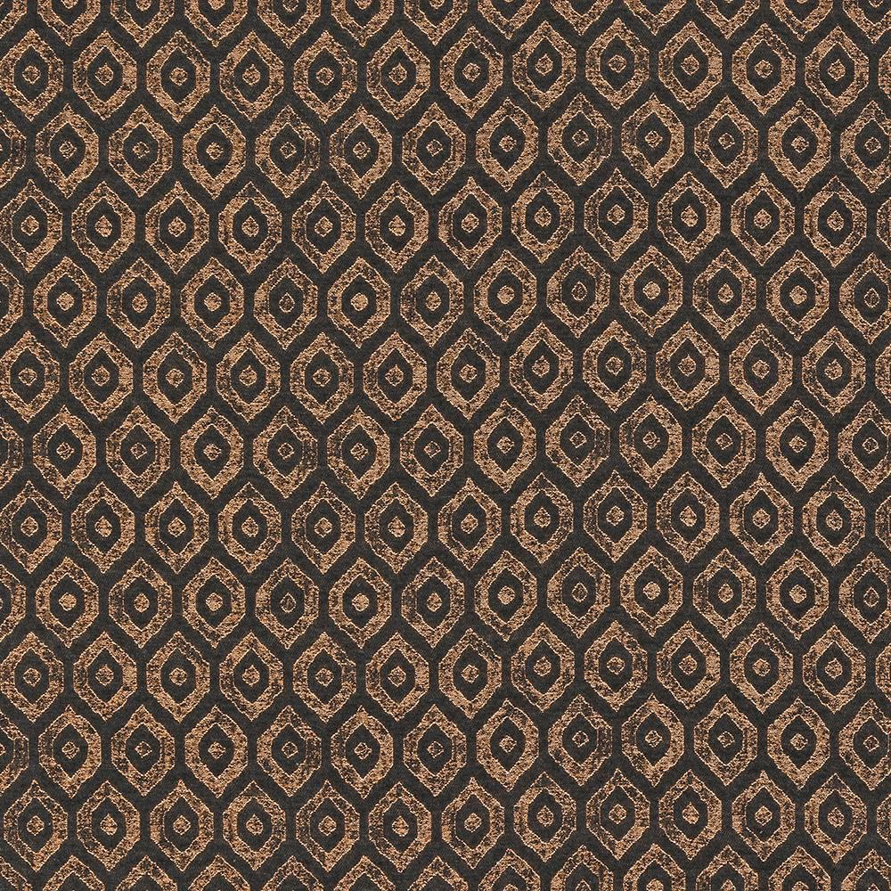 Close-up of dark brown geometric fabric with copper metallic diamond motifs