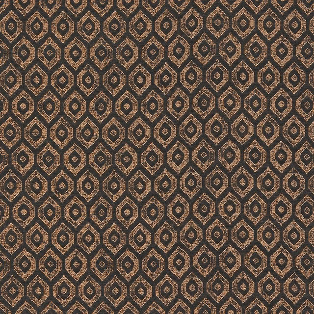Close-up of dark brown geometric fabric with copper metallic diamond motifs