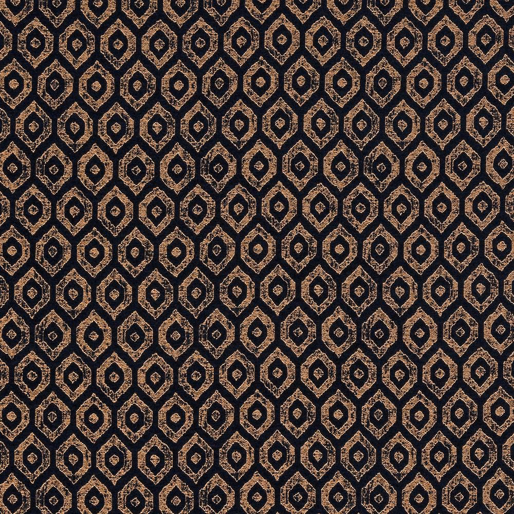 Close-up of deep indigo geometric fabric with small metallic lozenge motifs