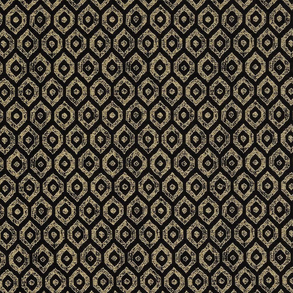 Black and gold geometric woven fabric with small diamond motifs and metallic shimmer