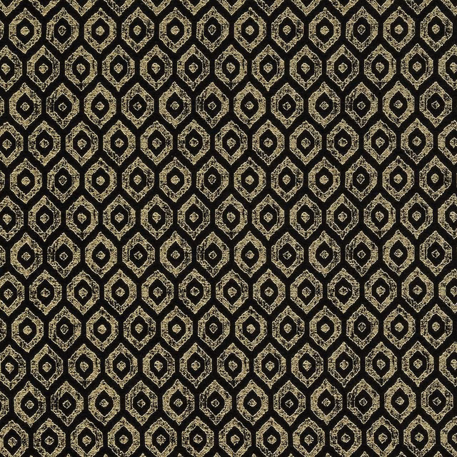 Black and gold geometric woven fabric with small diamond motifs and metallic shimmer