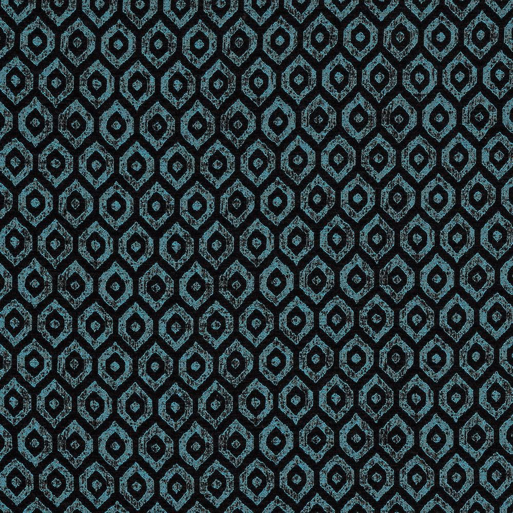 Dark teal geometric fabric with small repeating lozenge motif and subtle metallic weave