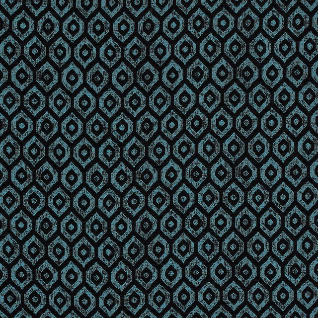 Dark teal geometric fabric with small repeating lozenge motif and subtle metallic weave