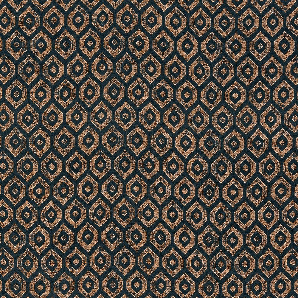 Teal geometric fabric with repeating gold diamond motifs and subtle metallic sheen