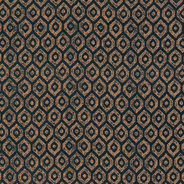Teal geometric fabric with repeating gold diamond motifs and subtle metallic sheen