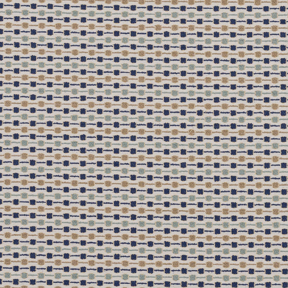 Small woven geometric fabric with indigo, blue-grey and tan dashes on a pale ground