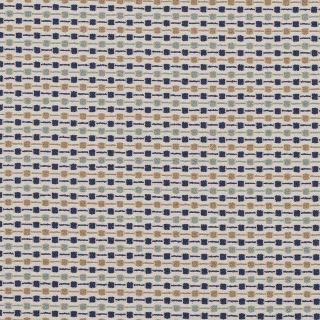 Small woven geometric fabric with indigo, blue-grey and tan dashes on a pale ground