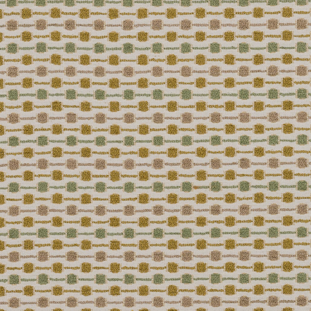Close-up of a pale woven fabric with small ochre, olive and taupe checked squares