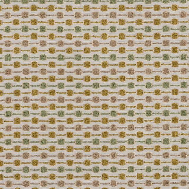 Close-up of a pale woven fabric with small ochre, olive and taupe checked squares
