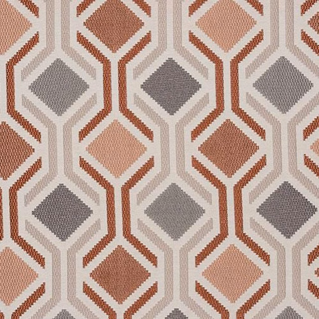 Geometric hexagon fabric swatch in burnt orange, taupe, grey and cream