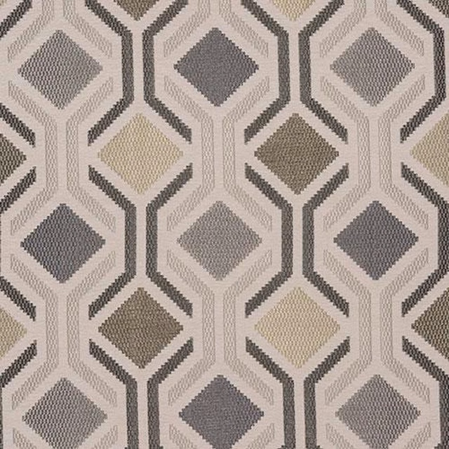 Geometric hexagon fabric in dove grey, taupe and ivory woven pattern