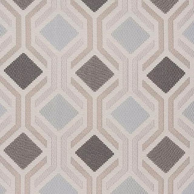 Geometric mosaic fabric with pale grey-blue diamonds and graphite centres