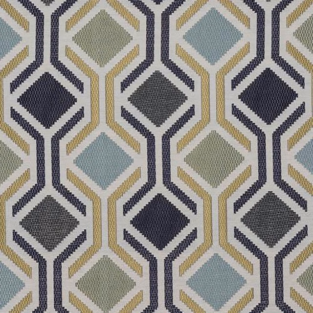 Geometric woven fabric in muted olive, blue-grey, charcoal and mustard hexagons