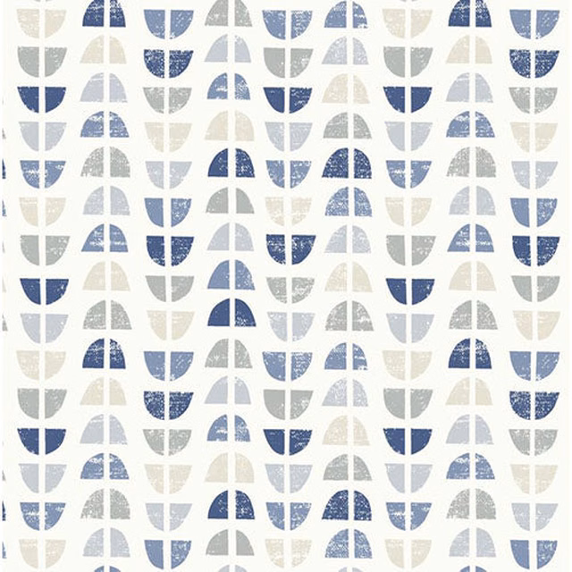 Blue and grey half-moon geometric print on an ivory cotton fabric swatch