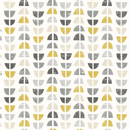 Geometric cotton swatch with ochre, grey and ivory arch motifs on a pale ground