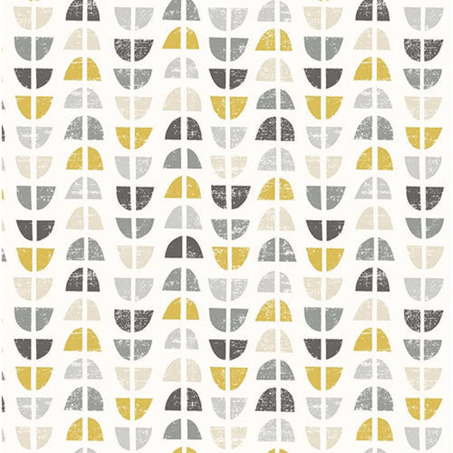 Geometric cotton swatch with ochre, grey and ivory arch motifs on a pale ground