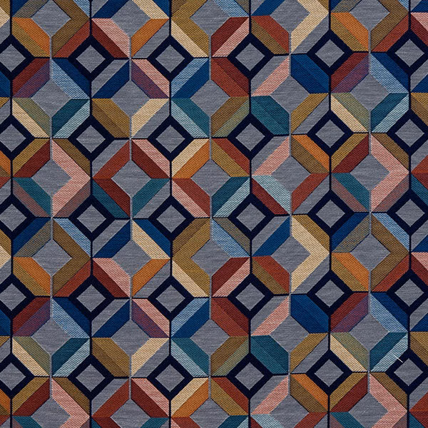 Colourful geometric fabric swatch with navy diamond outlines and muted multicolour facets