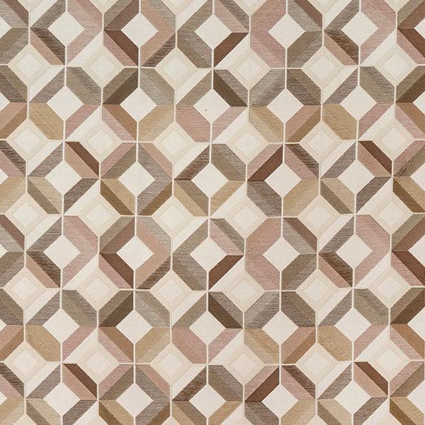Geometric woven fabric in warm beige, cream and muted blush diamond pattern
