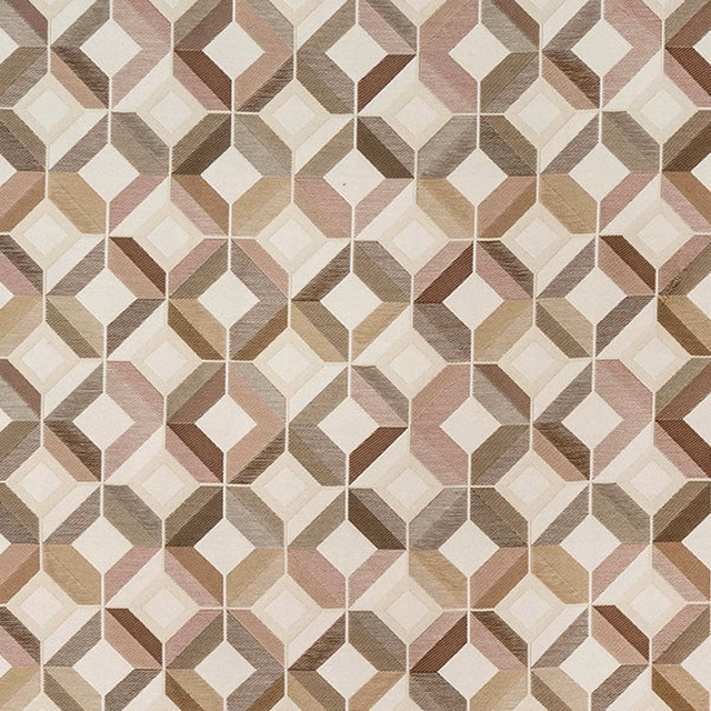 Geometric woven fabric in warm beige, cream and muted blush diamond pattern
