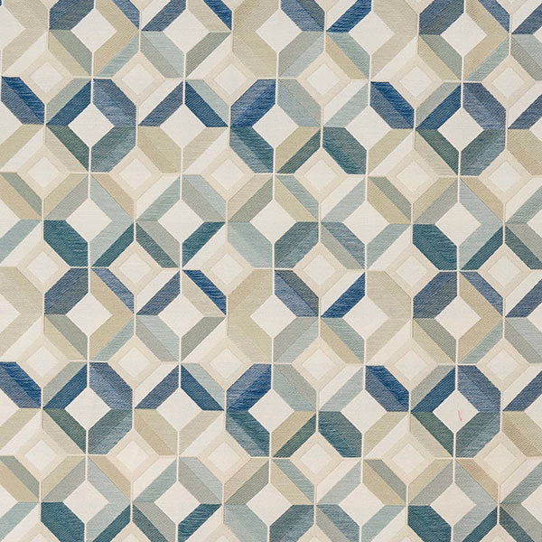 Geometric woven fabric in seafoam teal, cream and sage diamond pattern