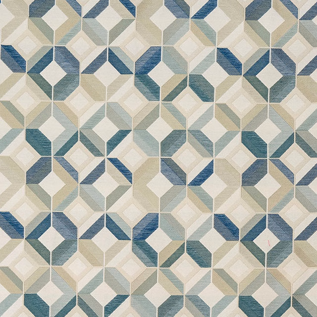 Geometric woven fabric in seafoam teal, cream and sage diamond pattern