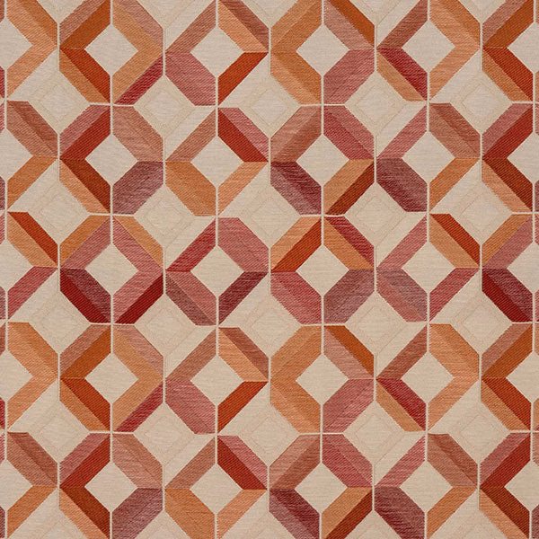 Geometric fabric swatch in terracotta, coral and cream diamond motifs