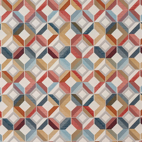 Geometric fabric swatch in pastel pink, blue, teal and gold blocks on a pale ground