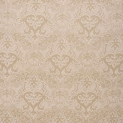 Warm biscuit beige damask fabric with a softly woven, tonal scrolling pattern