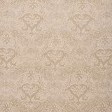 Warm biscuit beige damask fabric with a softly woven, tonal scrolling pattern