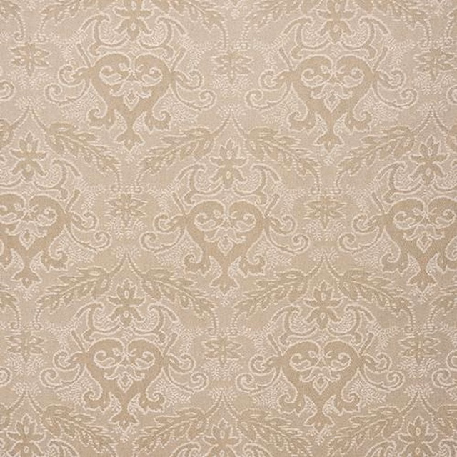 Warm biscuit beige damask fabric with a softly woven, tonal scrolling pattern