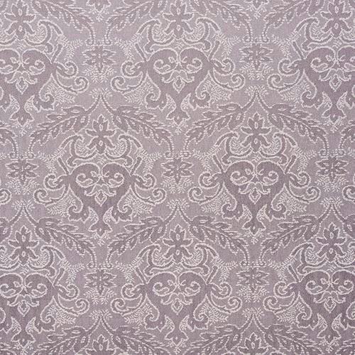 Soft heather mauve damask fabric with pale scrolling motif