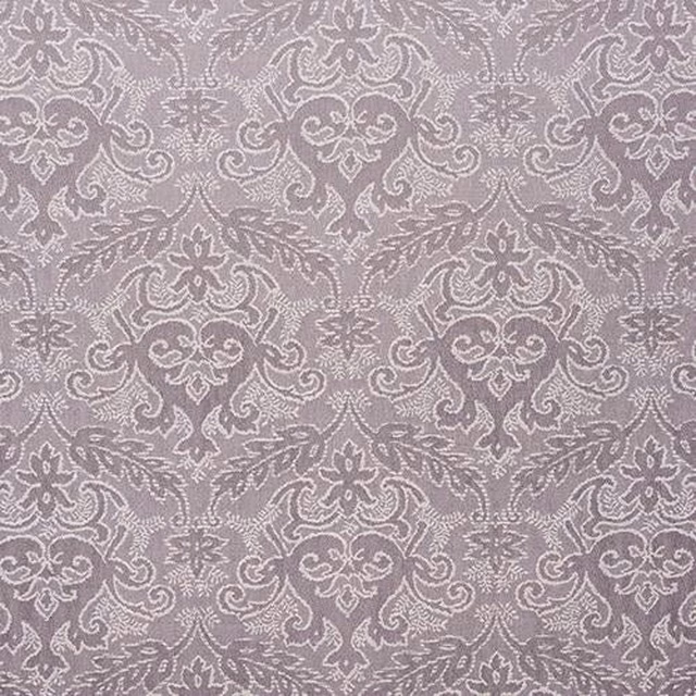 Soft heather mauve damask fabric with pale scrolling motif