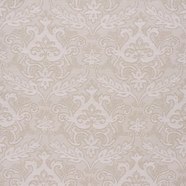 Warm ivory damask swatch with softly raised scroll pattern on a pale ground