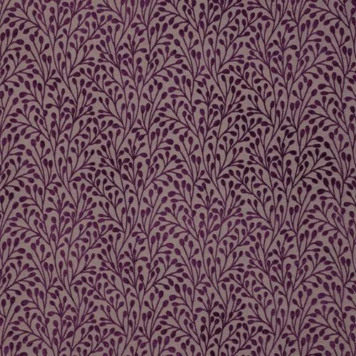 Aubergine purple trailing leaf pattern on a pale ground, small-scale woven swatch