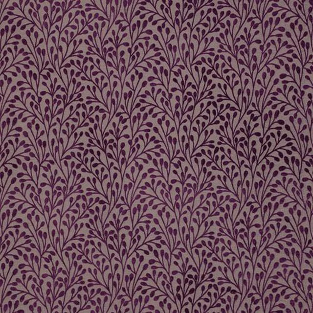 Aubergine purple trailing leaf pattern on a pale ground, small-scale woven swatch