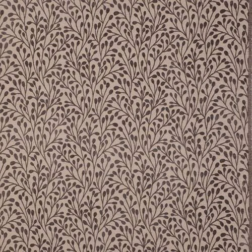 Pale dove taupe fabric swatch with repeating trailing leaf motif in muted brown