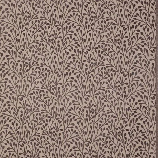 Pale dove taupe fabric swatch with repeating trailing leaf motif in muted brown