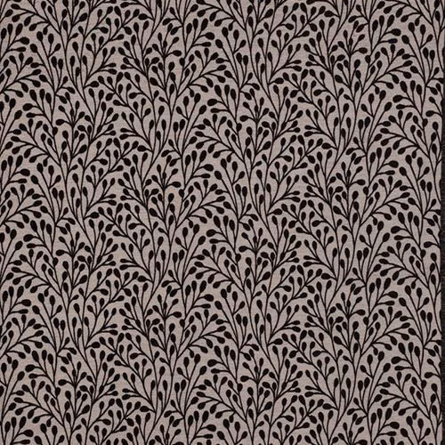 Taupe fabric swatch with small black trailing leaf motif