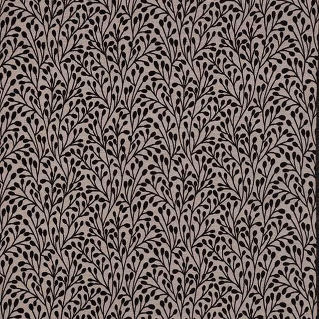 Taupe fabric swatch with small black trailing leaf motif