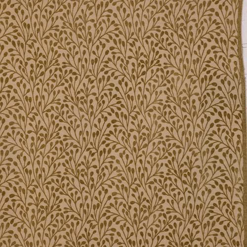 Warm beige fabric with small olive leaf trail botanical repeat