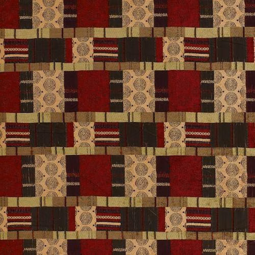 Patterned fabric swatch with deep plum blocks, beige stripes and circular motifs