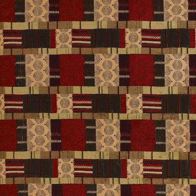 Patterned fabric swatch with deep plum blocks, beige stripes and circular motifs